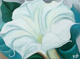 A reproduction of Georgia O'Keeffe white Trumpet Flower painting