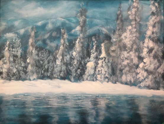 Yosemite Snow covered mountains and pine trees reflecting on lake original acrylic landscape painting on canvas by Komal Wadhwa
