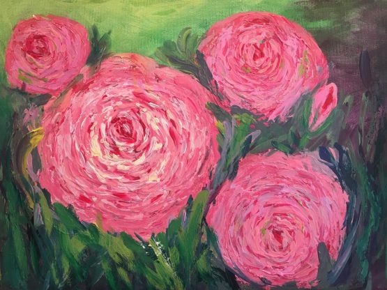 Textural Abstract pink roses field painting on canvas