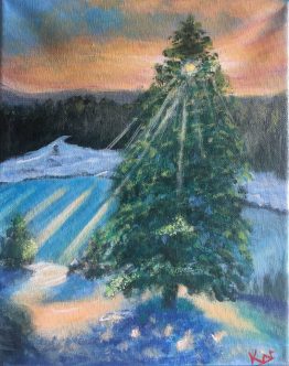 Pine Tree, Sunset sun light snowy meadow original acrylic landscape painting by Komal Wadhwa