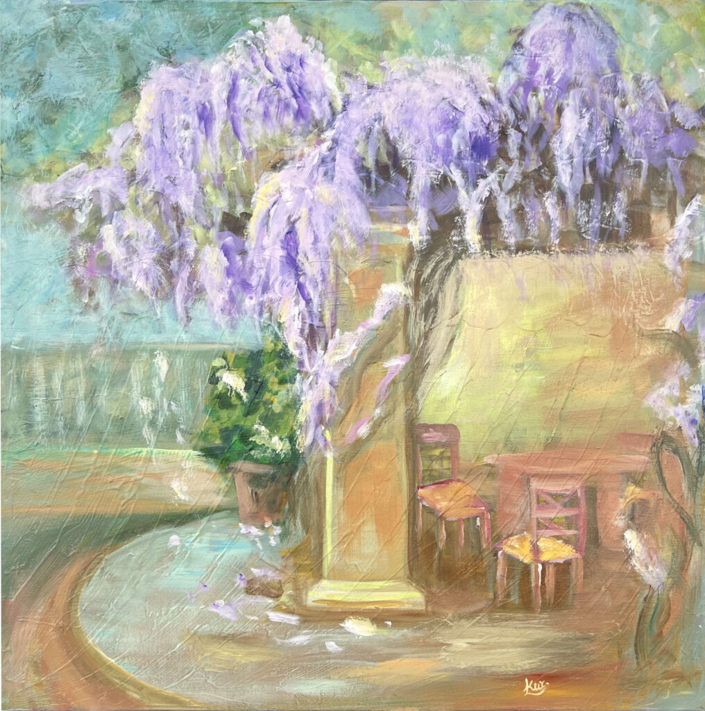 Scene from Melville winery setting with wisteria hanging in veranda