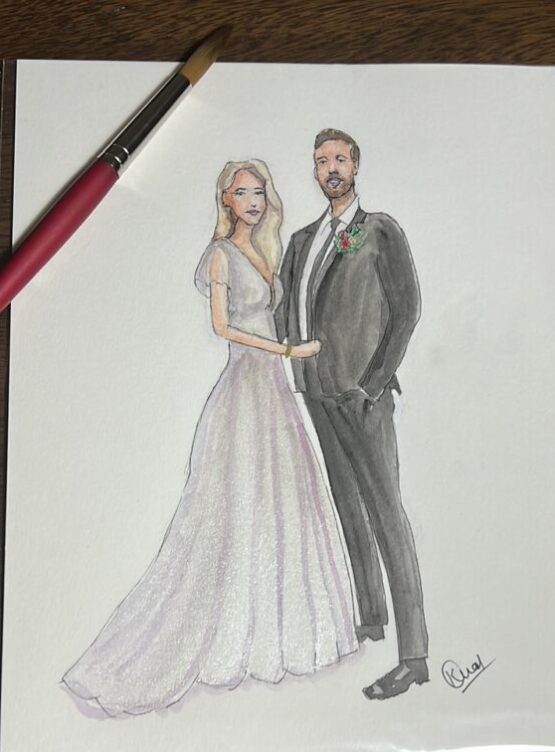 Live watercolor portrait of bride and groom Chicago