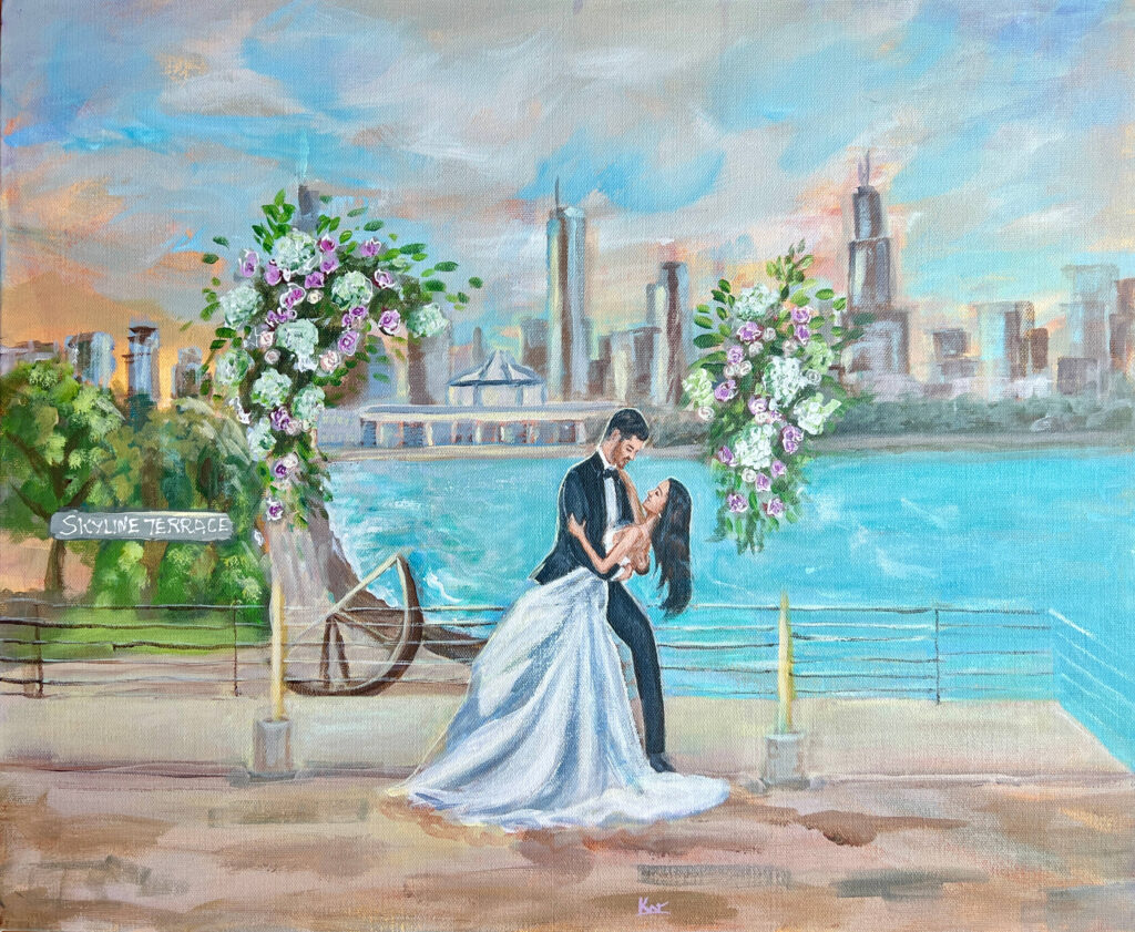 Live wedding painting Chicago - first dance at Adler planetarium Chicago