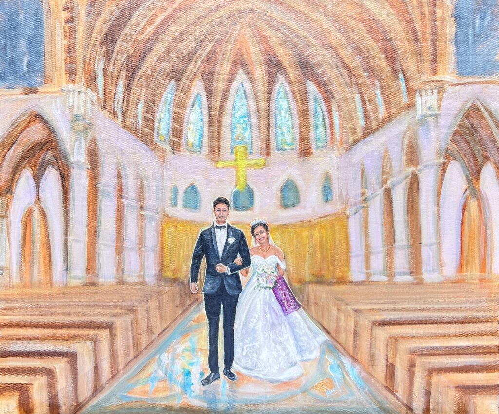 Live wedding painting ceremony at Church Holy Name Cathedral Chicago